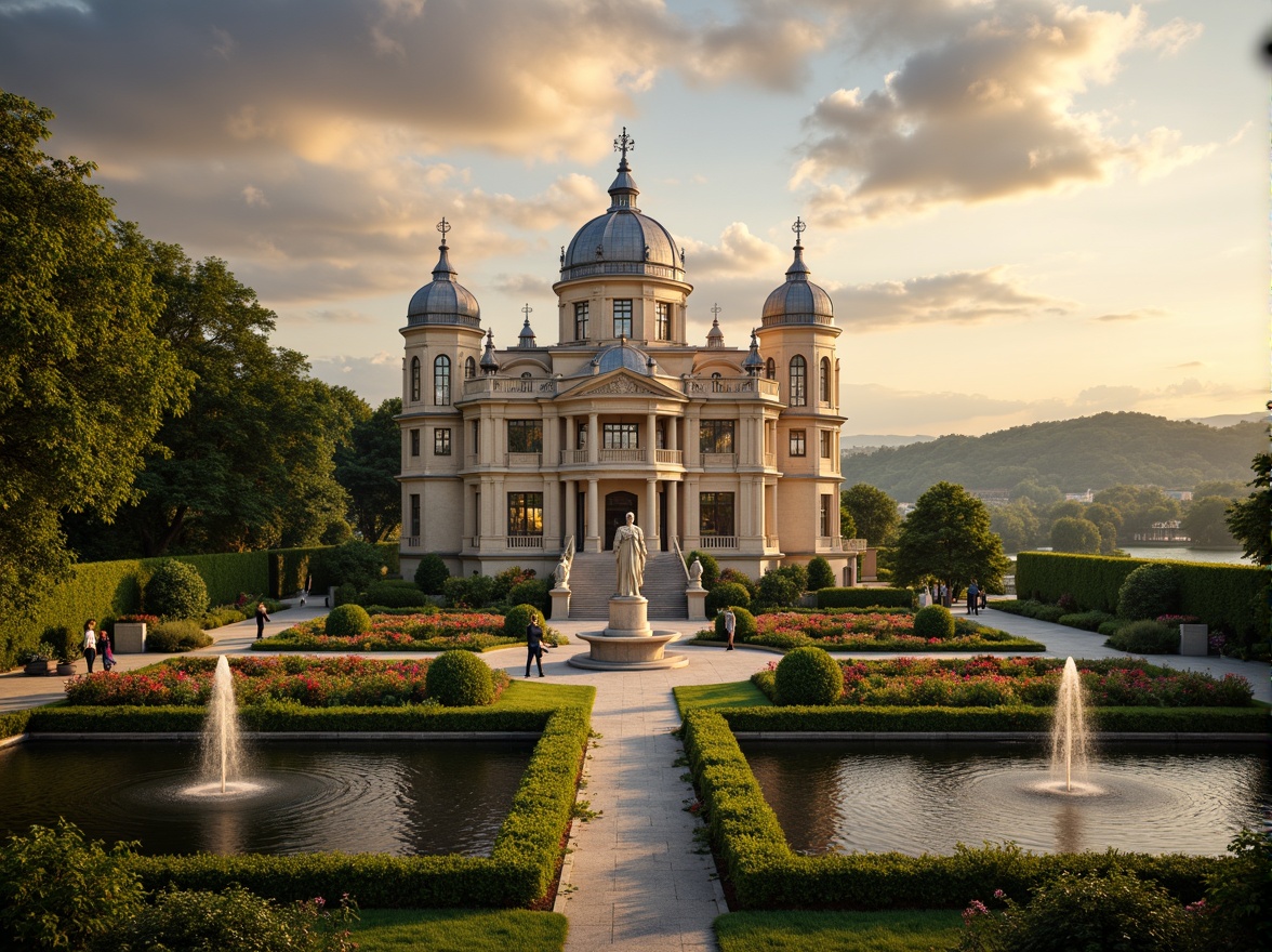 Prompt: Opulent baroque palace, grandiose gardens, intricately manicured hedges, ornate fountains, majestic statues, vibrant flower arrangements, rolling hills, serene lakeside, lush greenery, dramatic cloud formations, warm golden lighting, soft focus, shallow depth of field, 1/1 composition, symmetrical architecture, ornate details, realistic textures, ambient occlusion.