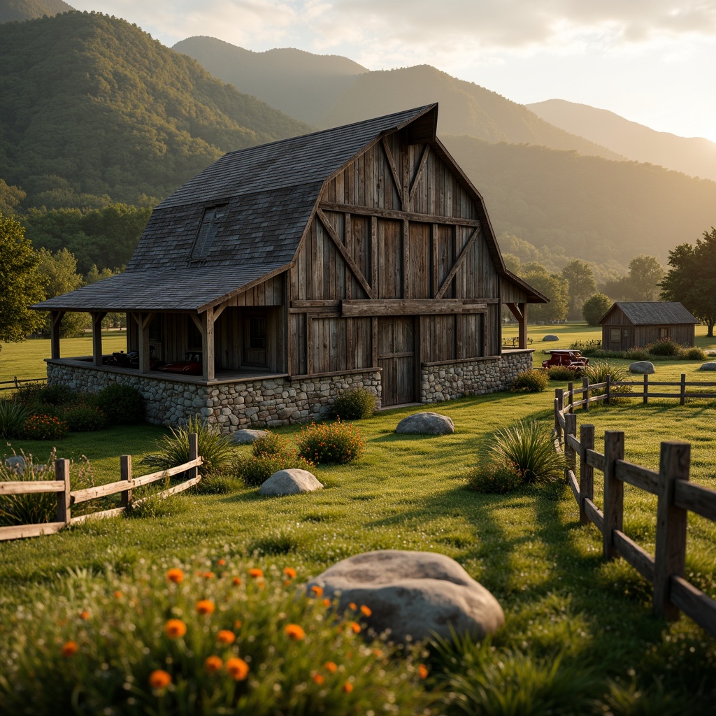 Prompt: Rustic barn, weathered wood, natural stone foundation, rolling hills, lush green meadows, wildflowers, vintage farm equipment, wooden fences, rural landscape, serene atmosphere, warm golden lighting, soft focus, shallow depth of field, 1/2 composition, intimate view, realistic textures, ambient occlusion, earthy tones, natural materials, traditional craftsmanship, functional design, rustic charm, cozy interior, exposed beams, wooden accents, vintage decorative elements.