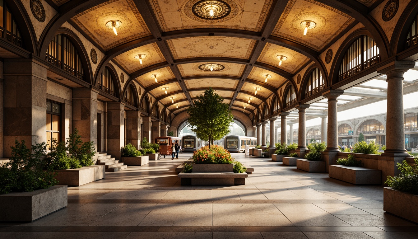 Prompt: Ancient Roman-inspired metro station, grand archways, vaulted ceilings, ornate columns, intricate mosaics, warm golden lighting, rustic stone walls, polished marble floors, grand staircases, elegant ironwork, lush greenery, vibrant flowers, natural stone benches, modern transportation systems, sleek trains, futuristic signage, shallow depth of field, 3/4 composition, panoramic view, realistic textures, ambient occlusion.