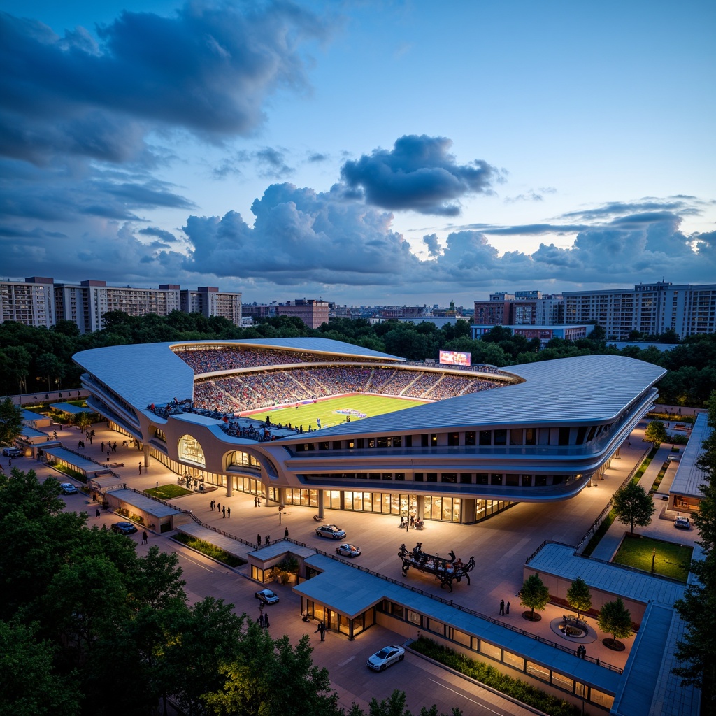 Prompt: Vibrant football stadium, dynamic facade design, undulating curves, sleek metallic materials, LED light strips, nighttime illumination, atmospheric misting systems, grand entrance gates, angular columns, cantilevered roofs, open-air concourses, lush greenery, spectator seating areas, athletic track fields, goalpost structures, scoreboard displays, urban cityscape backdrop, clear blue sky, dramatic cloud formations, warm sunny day, shallow depth of field, 3/4 composition, panoramic view, realistic textures, ambient occlusion.