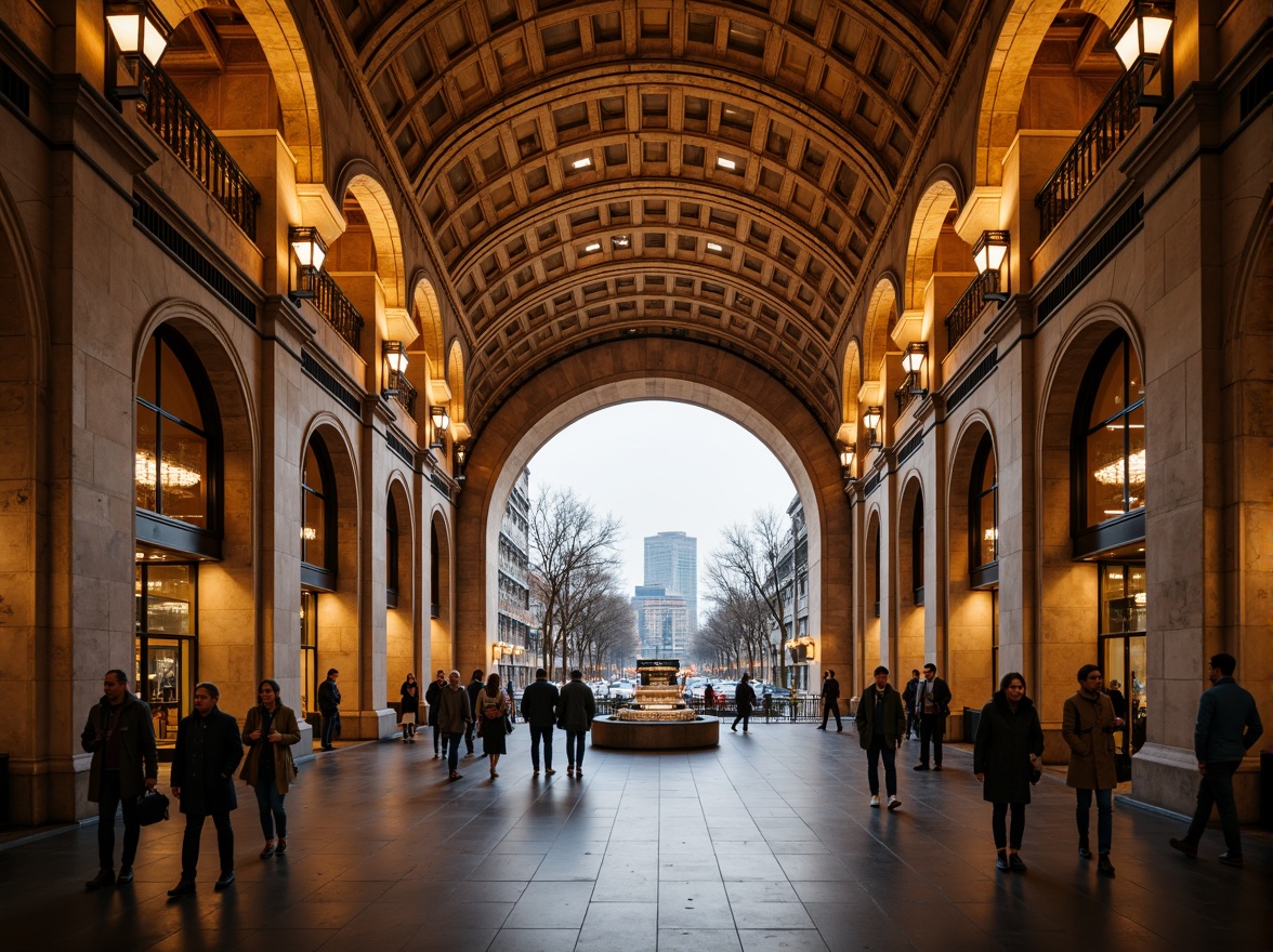 Prompt: Grand metro station, Romanesque archways, vaulted ceilings, ornate columns, intricate stone carvings, rustic brick walls, warm golden lighting, bustling pedestrian traffic, modern urban infrastructure, sleek metal railings, industrial-style signage, vibrant cityscape views, shallow depth of field, 1/2 composition, symmetrical framing, realistic textures, ambient occlusion.