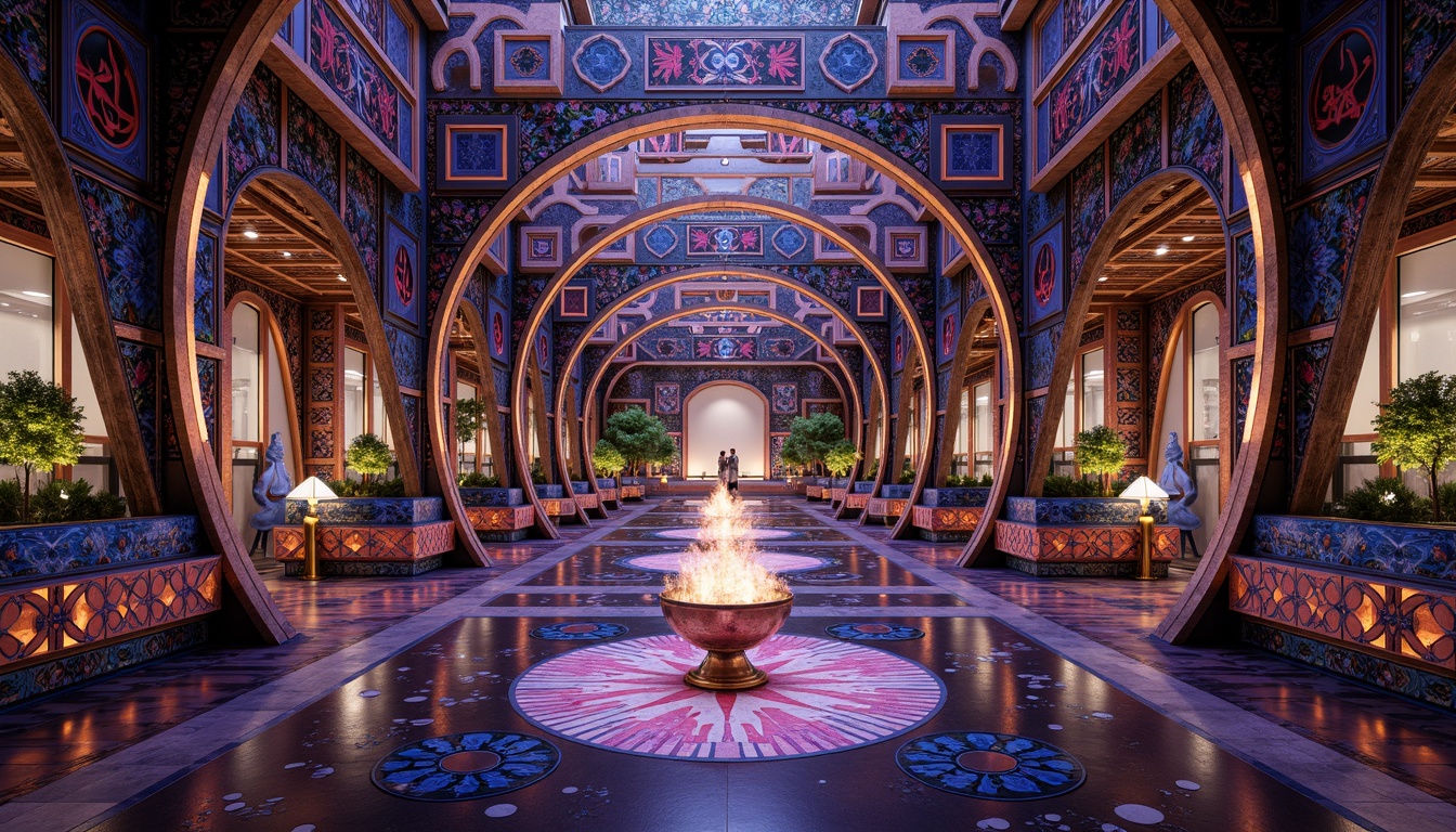 Prompt: Intricate Islamic-inspired geometric motifs, vibrant colorful textiles, ornate architectural details, symmetrical compositions, kaleidoscope patterns, mesmerizing optical illusions, futuristic metallic surfaces, holographic effects, neon-lit cityscapes, abstract fractal designs, mathematical precision, algorithmic generation, 3D modeling, futuristic materials, iridescent colors, shifting perspectives, dynamic visual flows.