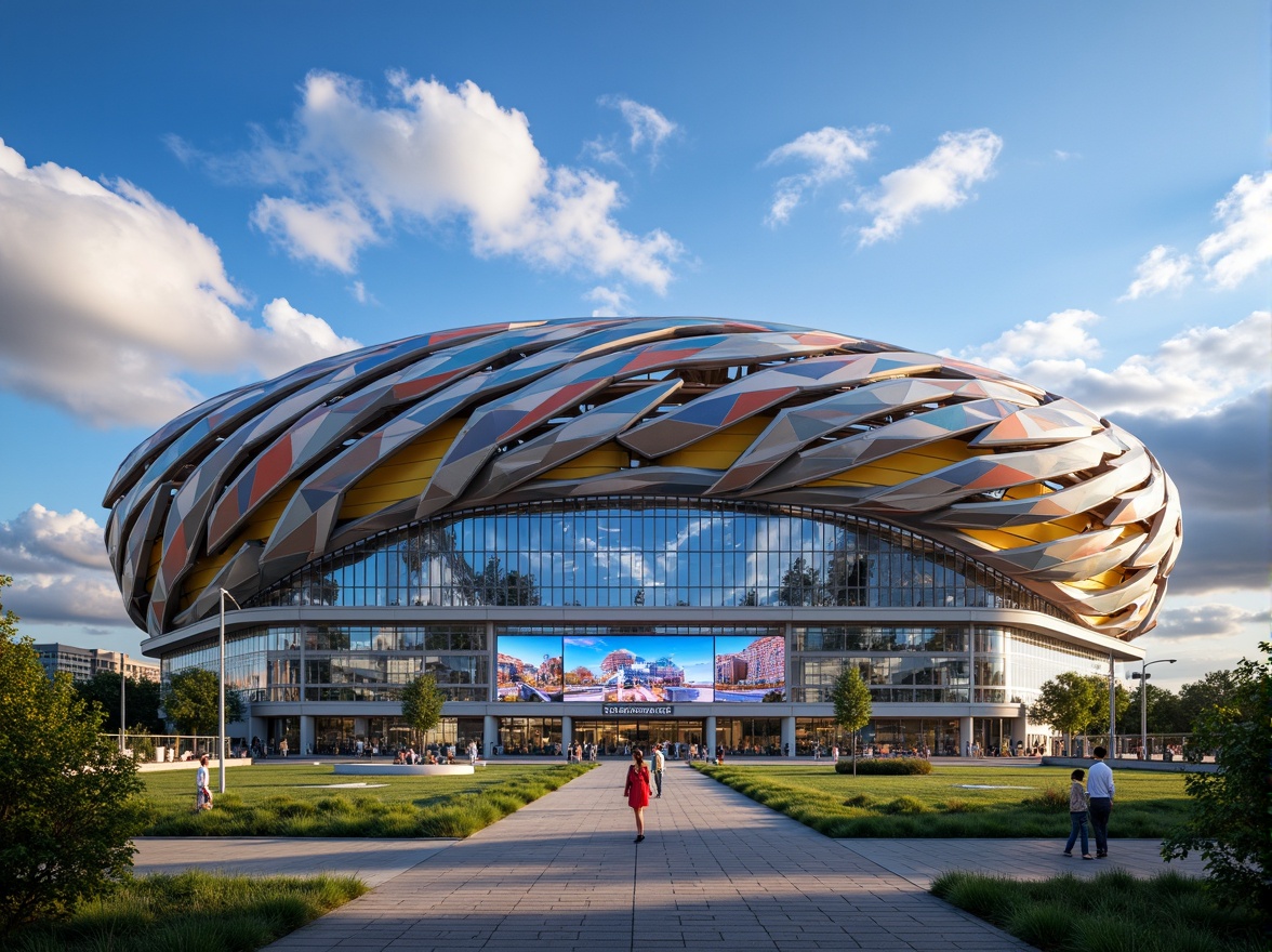 Prompt: Vibrant football stadium, dynamic curvaceous facade, bold angular lines, sleek metal cladding, transparent glass walls, LED lighting systems, modern architectural style, grand entrance gates, large digital scoreboards, tiered seating areas, lush greenery surroundings, sunny day, dramatic cloud formations, shallow depth of field, 1/2 composition, wide-angle lens, realistic reflections, ambient occlusion.