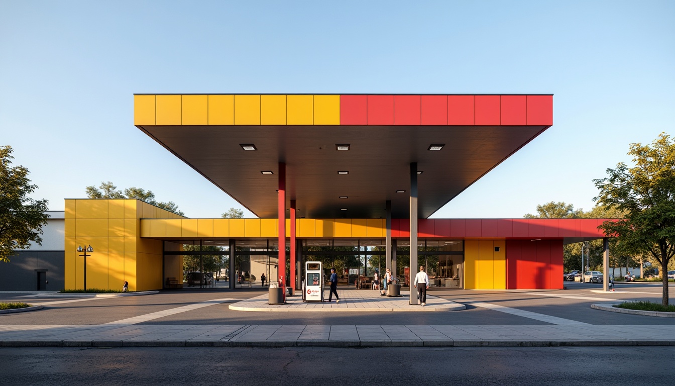 Prompt: Geometric gas station, bold primary colors, rectangular forms, flat roofs, minimal ornamentation, industrial materials, steel beams, concrete walls, large windows, functional design, modernist architecture, urban landscape, busy streets, morning light, soft shadows, 1/1 composition, symmetrical framing, high contrast, realistic textures, subtle ambient occlusion.