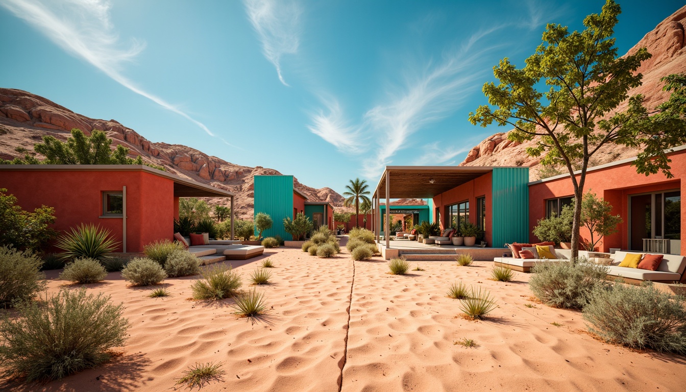 Prompt: Vibrant desert landscape, sandy dunes, cactus plants, hot sunny day, clear blue sky, modern metro architecture, sleek metal structures, warm earthy tones, terracotta reds, sandy beiges, turquoise accents, pops of vibrant coral, soothing sage greens, weathered wood textures, industrial metallic surfaces, dramatic spotlights, 1/1 composition, high contrast lighting, realistic materials, ambient occlusion.