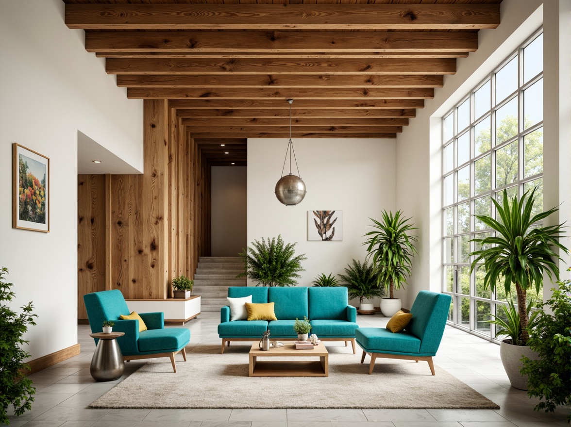 Prompt: Vibrant design studio, modern minimalist interior, creamy white walls, rich wood accents, bold turquoise furniture, metallic silver decor, lush green plants, natural stone flooring, large windows, soft warm lighting, shallow depth of field, 3/4 composition, panoramic view, realistic textures, ambient occlusion.