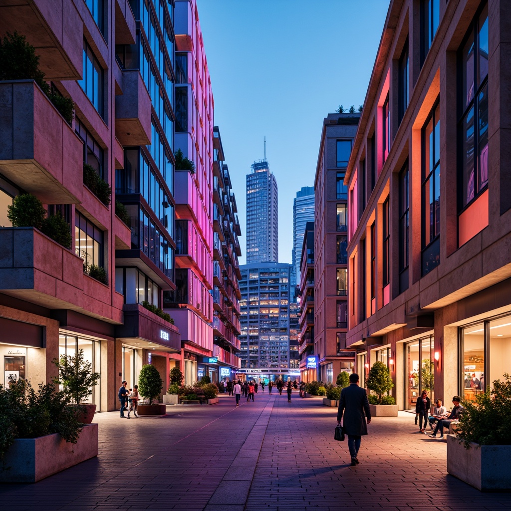 Prompt: Vibrant urban landscape, modern architecture, bold color scheme, contrasting hues, warm neutrals, cool pastels, rich textures, metallic accents, glass facades, sleek lines, futuristic vibe, neon lights, cityscape views, dramatic shadows, 1/1 composition, high-contrast lighting, cinematic atmosphere.