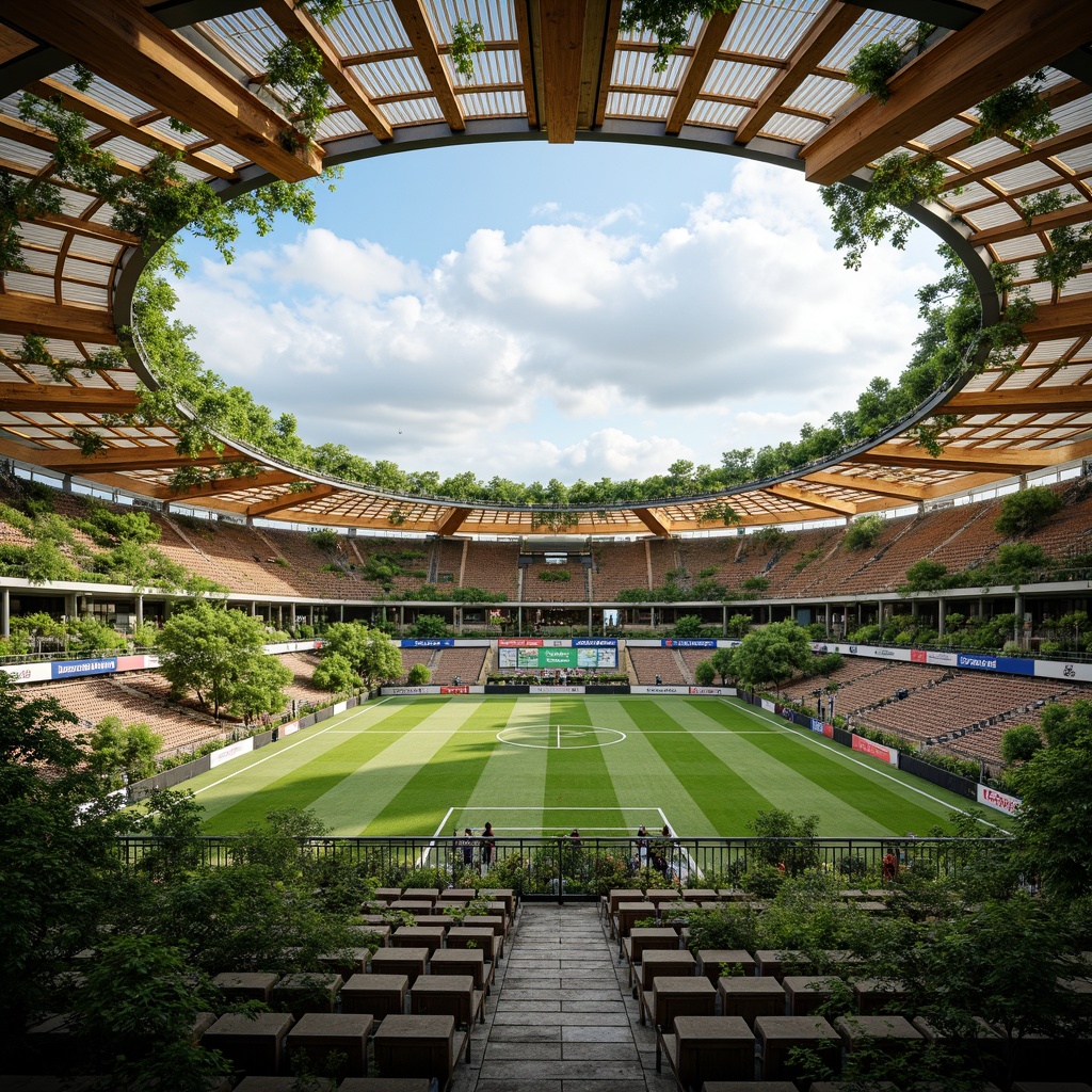 Prompt: Eco-friendly stadium, organic curves, living roofs, green walls, solar panels, wind turbines, recycled materials, natural ventilation systems, rainwater harvesting systems, grey water reuse, composting toilets, minimal waste generation, educational signs, interactive exhibits, immersive experiences, panoramic views, shallow depth of field, 3/4 composition, soft warm lighting, ambient occlusion, vibrant colorful textures, intricate geometric patterns.