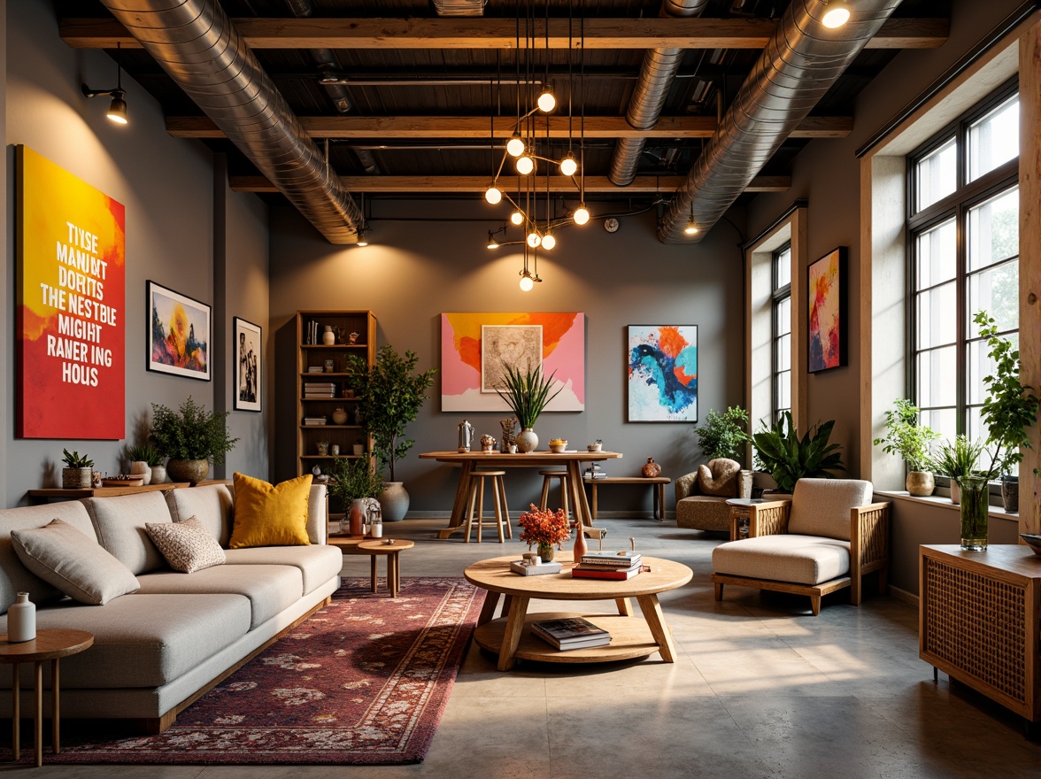 Prompt: Vibrant artistic studio, eclectic furniture, bold color blocks, abstract artwork, inspirational quotes, creative lighting fixtures, wooden accents, industrial-chic decor, spacious open layout, natural textiles, earthy tones, pastel hues, neon accents, warm golden lighting, shallow depth of field, 1/1 composition, realistic textures, ambient occlusion.