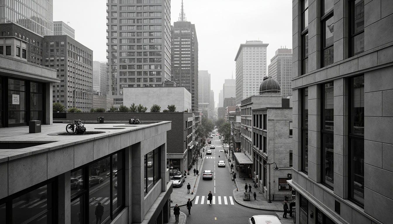 Prompt: Clean lines, minimalist aesthetic, rectangular forms, large windows, sliding glass doors, cantilevered roofs, flat rooftops, industrial materials, exposed ductwork, urban cityscape, busy streets, modern skyscrapers, sleek metal accents, concrete walls, brutalist architecture, monochromatic color scheme, dramatic shading, high-contrast lighting, cinematic composition, 1/2 camera angle, shallow depth of field, realistic reflections.