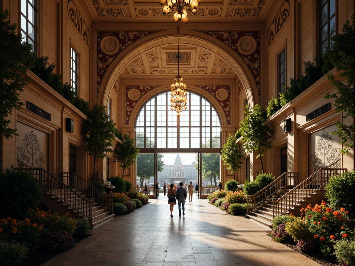 Prompt: Grand metro station entrance, Romanesque arches, ornate stone carvings, lush greenery, vibrant flowers, intricate mosaics, historic architecture, grand staircase, elegant chandeliers, high ceilings, large windows, natural light, warm ambiance, soft warm lighting, shallow depth of field, 3/4 composition, panoramic view, realistic textures, ambient occlusion, urban landscape, busy city streets, modern transportation systems.