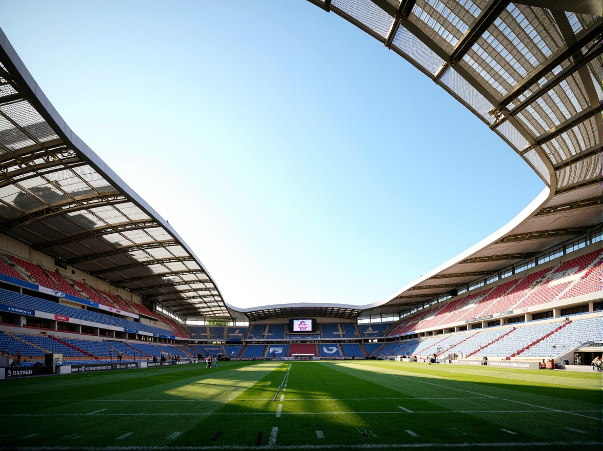 Prompt: Sleek football stadium, lightweight steel beams, cantilevered roofs, translucent membrane facades, airy interior spaces, vibrant team colors, retractable seating systems, modern LED scoreboards, lush green grass fields, sunny day, soft natural lighting, shallow depth of field, 3/4 composition, panoramic view, realistic textures, ambient occlusion.