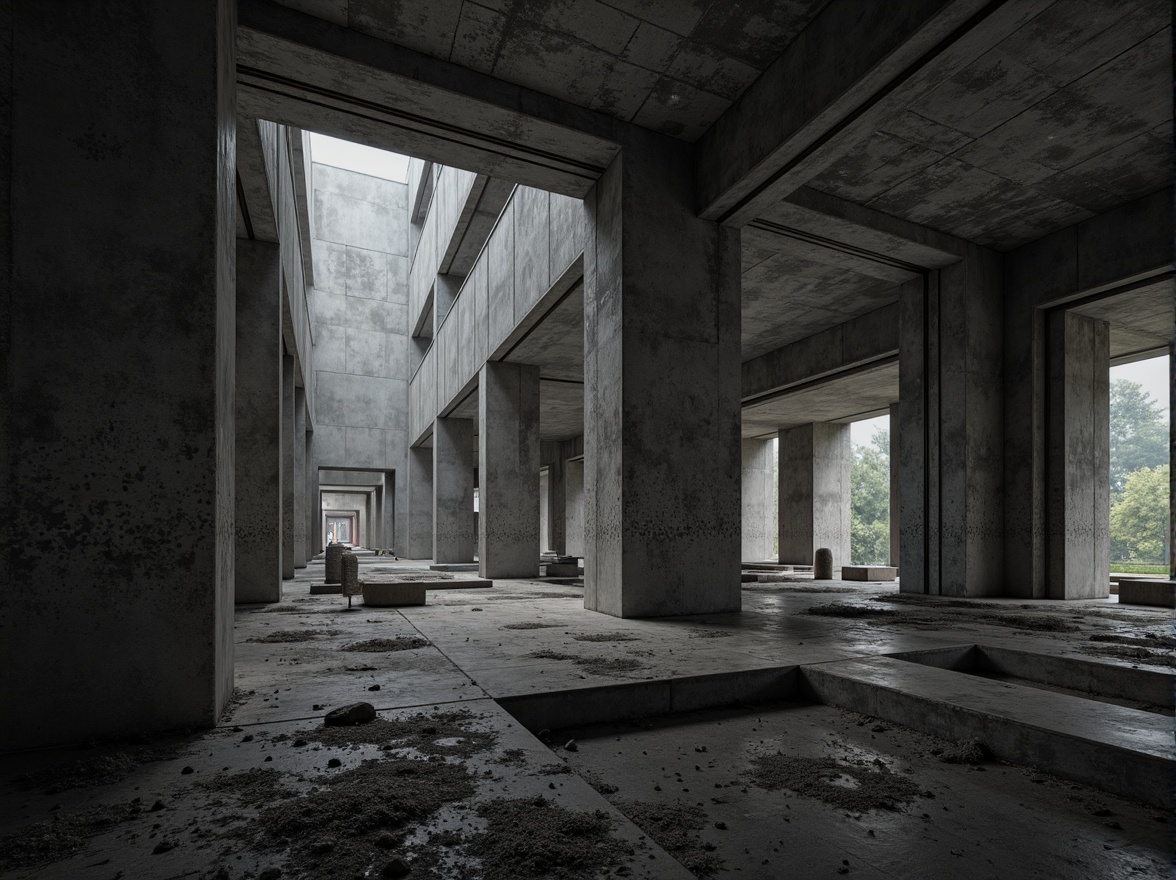 Prompt: Rugged brutalist architecture, exposed concrete structures, raw industrial materials, metallic beams, reinforced steel columns, geometric patterns, angular forms, monochromatic color scheme, dramatic shadows, intense contrasts, low-key lighting, cinematic atmosphere, wide-angle lens, shallow depth of field, 2/3 composition, symmetrical framing, abstract textures, ambient occlusion.