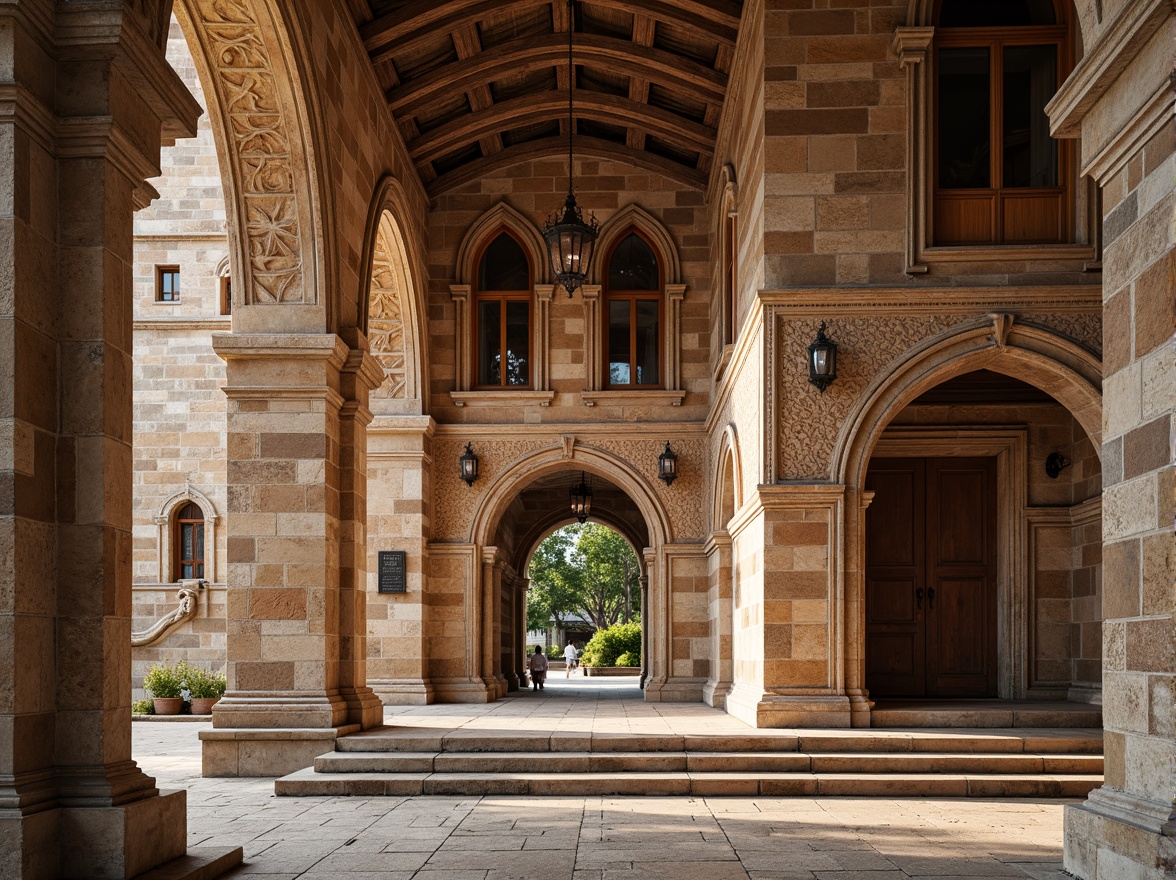 Prompt: Rustic stone facades, arched windows, ornate carvings, grand entranceways, decorative columns, intricately patterned brickwork, earthy tone color scheme, warm afternoon lighting, shallow depth of field, 1/2 composition, symmetrical architecture, historic preservation, weathered stone textures, ambient occlusion.