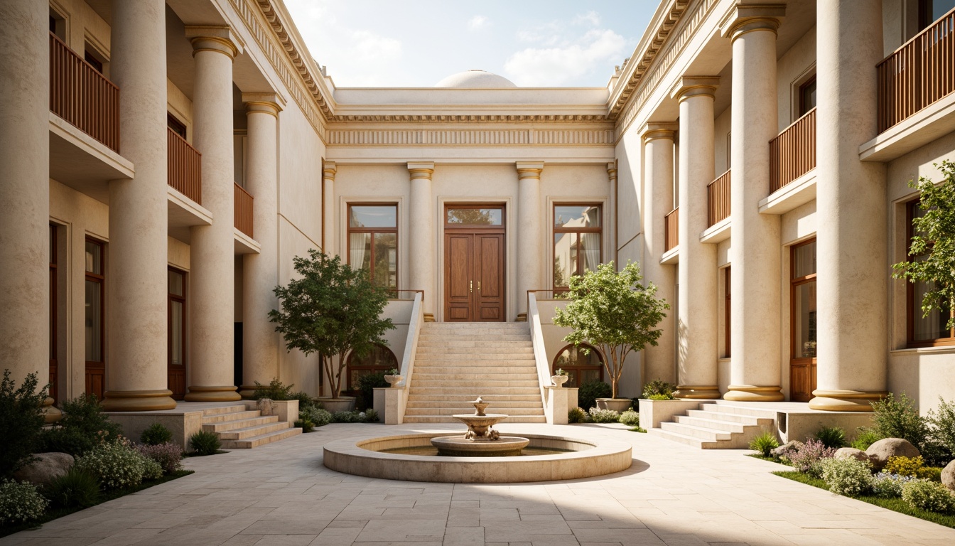 Prompt: Elegant neoclassical buildings, creamy white marble columns, soft golden light, warm beige stone walls, rich wood accents, ornate decorative moldings, subtle terracotta tones, muted sage greenery, stately fountains, grand staircases, refined symmetry, classical proportions, subtle shading, warm ambient lighting, 1/1 composition, realistic textures, subtle atmospheric effects.