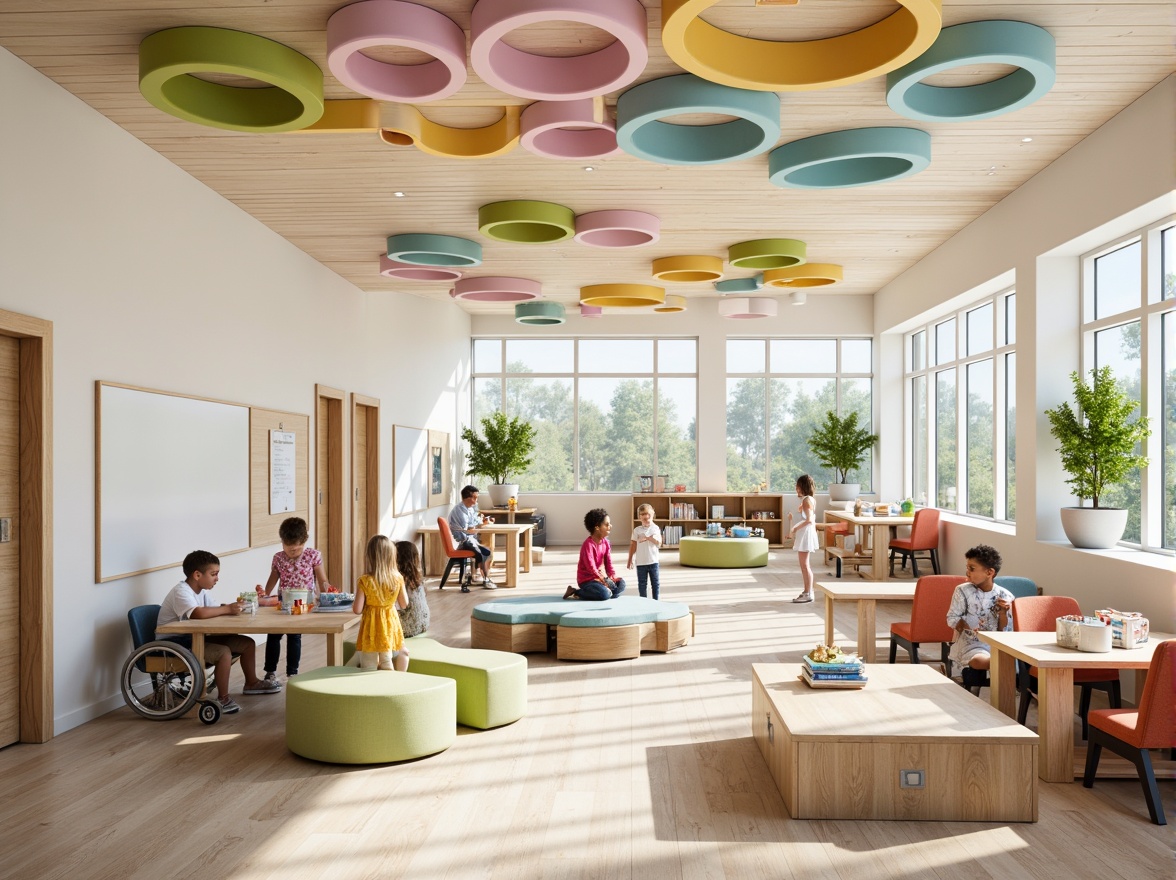 Prompt: Vibrant kindergarten, playful furniture, soft pastel colors, interactive whiteboards, collaborative learning spaces, cozy reading nooks, imaginative play areas, sensory integration zones, adaptive technology tools, wheelchair-accessible ramps, inclusive educational environments, natural light-filled classrooms, ergonomic seating arrangements, flexible modular layouts, creative art stations, engaging STEM activities, whimsical wall murals, acoustic sound absorption panels, calming ambient lighting, shallow depth of field, 1/2 composition, panoramic view, realistic textures, ambient occlusion.