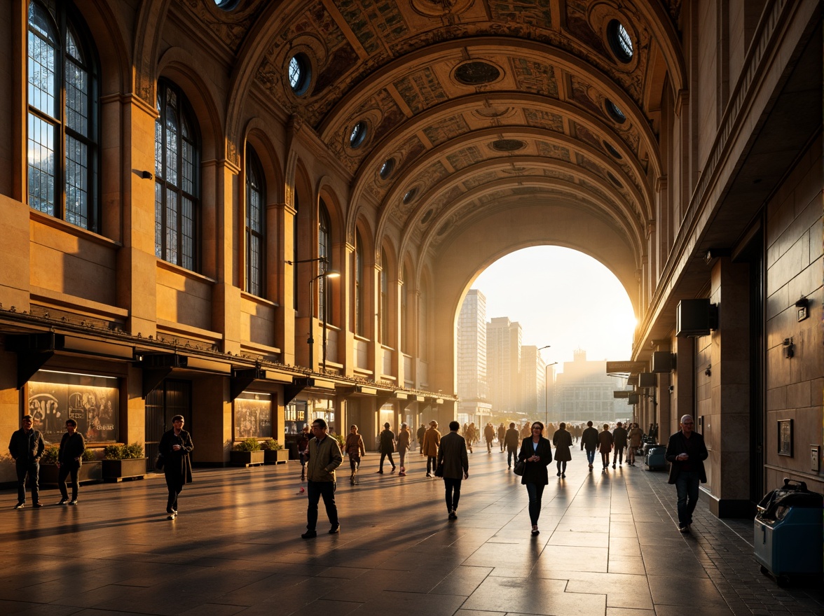 Prompt: Grand metro station, Romanesque archways, ornate stone carvings, vaulted ceilings, stained glass windows, intricate mosaics, warm golden lighting, bustling pedestrian traffic, modern urban infrastructure, sleek metal railings, polished marble floors, majestic columns, atmospheric fog effects, shallow depth of field, 2/3 composition, cinematic angles, realistic textures, ambient occlusion.