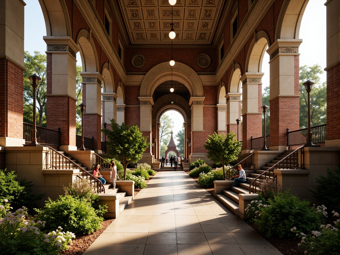 Prompt: Grandiose metro station, Romanesque arches, ornate stone carvings, lush greenery, vibrant flowers, rustic brick walls, antique street lamps, weathered copper accents, intricate mosaics, grand staircases, ornamental railings, natural stone flooring, high ceilings, warm golden lighting, soft focus, shallow depth of field, 1/1 composition, symmetrical view, realistic textures, ambient occlusion.