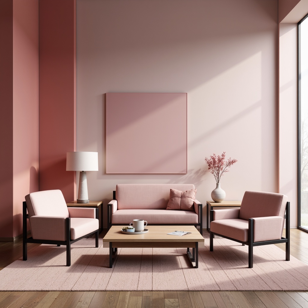 Prompt: Monochromatic minimalist space, bold accent walls, pastel pink furniture, matte black frames, sleek metal legs, subtle gradient effects, natural wood textures, ambient warm lighting, shallow depth of field, 1/1 composition, realistic reflections, soft focus, atmospheric perspective.