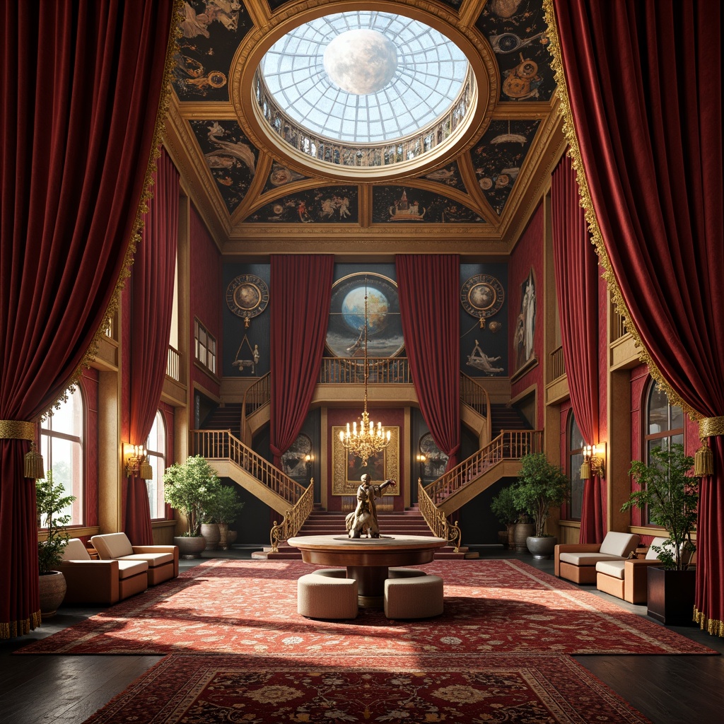 Prompt: Ornate planetarium, rich velvet drapes, gilded frames, intricately patterned rugs, lavish chandeliers, ornamental mirrors, majestic stone columns, grand staircases, sweeping archways, luxurious lounge seating, antique astronomical instruments, celestial-inspired frescoes, opulent jewel-toned colors, soft golden lighting, dramatic shadows, 1/1 composition, symmetrical balance, high-contrast textures, atmospheric fog effects.