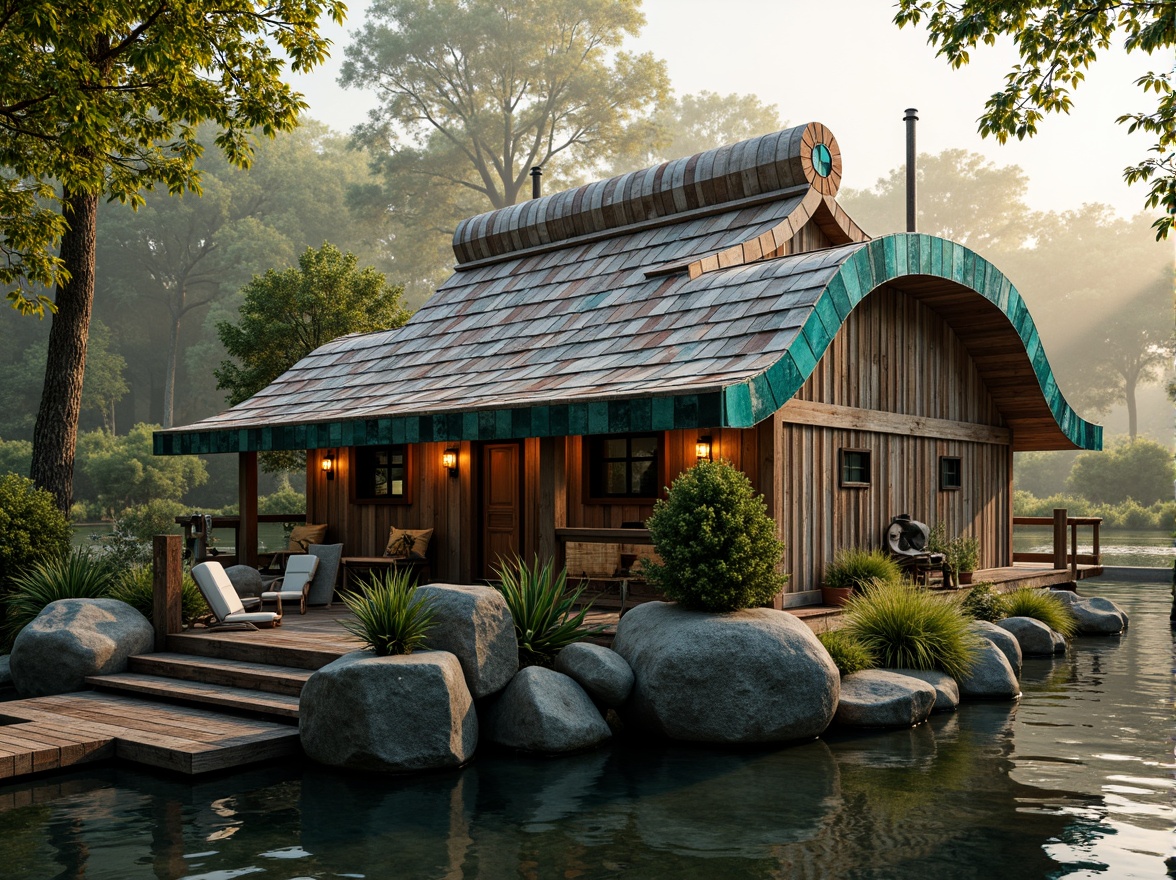 Prompt: Rustic boathouse, eclectic roof design, curved wooden shingles, patchwork tile arrangement, vibrant turquoise accents, weathered copper gutters, distressed wood siding, nautical rope details, porthole windows, asymmetrical facade, whimsical lanterns, lush greenery, overhanging branches, misty lake atmosphere, warm golden lighting, shallow depth of field, 1/1 composition, realistic textures, ambient occlusion.