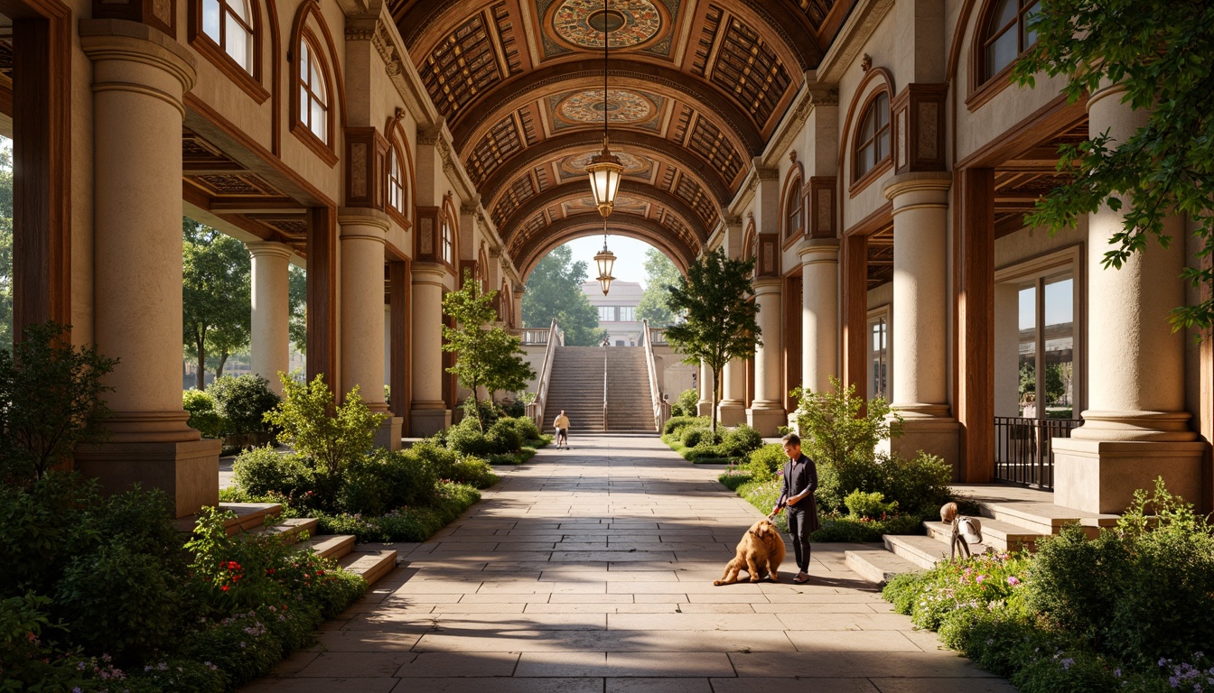 Prompt: Grandiose metro station, Romanesque architecture, ornate stone carvings, archaic columns, vaulted ceilings, intricate mosaics, lush greenery, flowering plants, natural stone walkways, meandering pathways, grand staircase, elegant lighting fixtures, warm golden illumination, shallow depth of field, 1/1 composition, symmetrical framing, realistic textures, ambient occlusion.