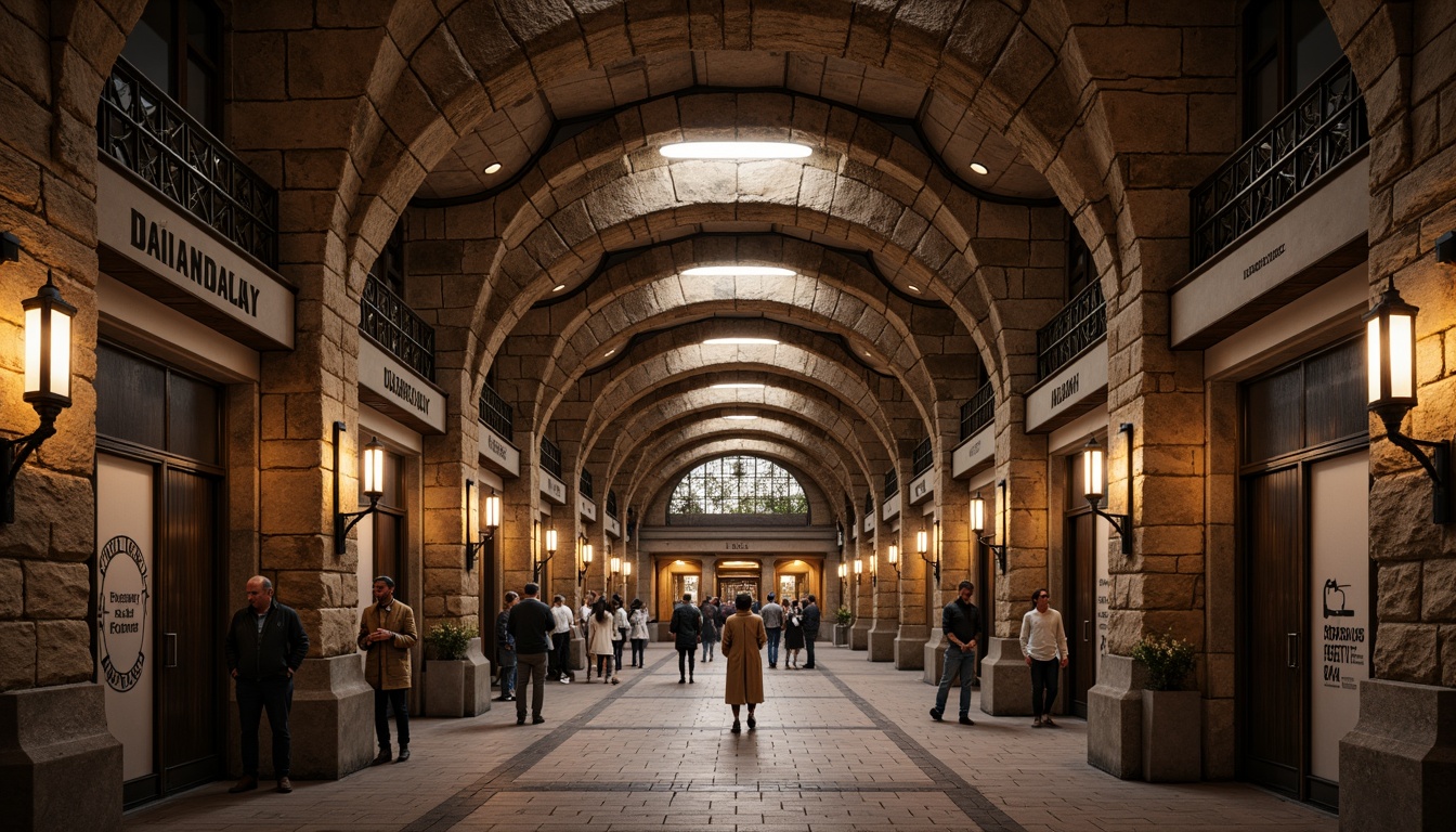 Prompt: Rustic metro station, rough-hewn stone walls, arched ceilings, groin vaults, robust pillars, ornate carvings, richly textured stonework, warm earthy tones, atmospheric lighting, shallow depth of field, 1/2 composition, symmetrical framing, grandiose entrance halls, decorative ironwork, vintage signage, classic typography, nostalgic ambiance, busy urban atmosphere.