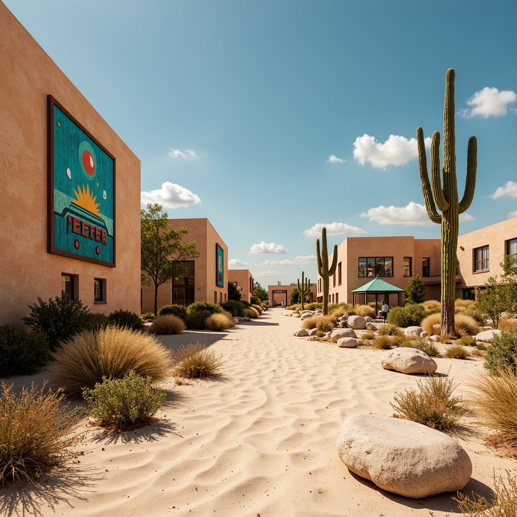 Prompt: Vibrant desert landscape, sandy dunes, cactus silhouettes, warm sunny day, clear blue sky, modern metro station architecture, earthy terracotta tones, sandy beige walls, turquoise accents, rusty metal details, geometric patterns inspired by Native American textiles, bold colorful murals, dynamic lighting installations, shallow depth of field, 3/4 composition, panoramic view, realistic textures, ambient occlusion.