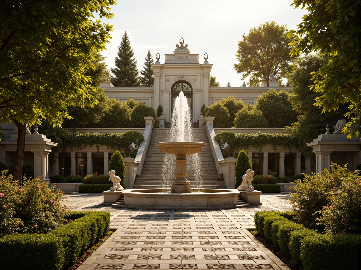 Prompt: Ornate fountain, grand staircase, manicured lawns, topiary trees, decorative hedges, vibrant flower beds, statues of mythological figures, symmetrical pathways, pebbled walkways, ornamental iron gates, classic stone columns, dramatic arches, rustic stone walls, lush ivy, whimsical garden ornaments, soft golden lighting, warm afternoon sun, shallow depth of field, 2/3 composition, grandiose panoramic view, realistic textures, ambient occlusion.