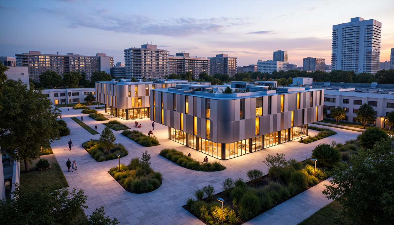 Prompt: Modern distribution center, social housing complex, innovative fa\u00e7ade design, dynamic LED lighting, sleek metal cladding, angular lines, geometric patterns, vibrant colors, urban landscape, cityscape, busy streets, pedestrian walkways, public art installations, green roofs, solar panels, rainwater harvesting systems, eco-friendly materials, minimalist architecture, open-plan interior spaces, natural ventilation systems, abundant daylight, soft warm lighting, shallow depth of field, 3/4 composition, panoramic view, realistic textures, ambient occlusion.