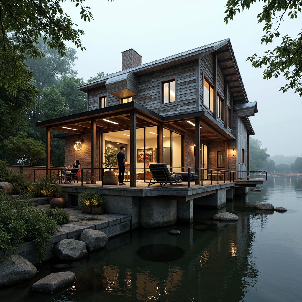 Prompt: Rustic boathouse, eclectic facade, asymmetrical composition, distressed wooden planks, corrugated metal sheets, vintage nautical elements, industrial-style lighting, exposed brick walls, natural stone foundations, waterfront location, serene lake scenery, lush greenery, misty morning atmosphere, soft warm lighting, shallow depth of field, 2/3 composition, cinematic view, realistic textures, ambient occlusion.