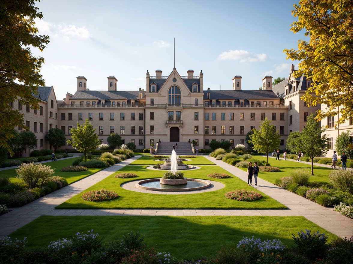 Prompt: Historic monument, grand academic building, lush green lawns, walking paths, ornate fountains, vibrant flower beds, manicured hedges, majestic trees, natural stone walls, intricate carvings, Gothic architecture, stained glass windows, ornate iron gates, soft warm lighting, shallow depth of field, 3/4 composition, panoramic view, realistic textures, ambient occlusion.