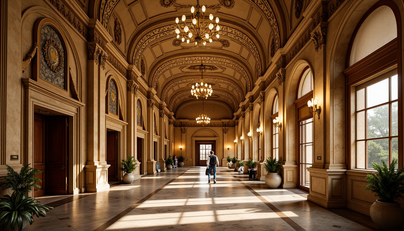 Prompt: Intricate cornices, ornate carvings, grandiose moldings, lavish decorations, curved lines, sweeping arches, dramatic lighting, rich gold accents, luxurious marble floors, high ceilings, imposing columns, symmetrical facades, statuesque ornaments, 3/4 composition, warm golden tones, soft focus, shallow depth of field, realistic textures, ambient occlusion.