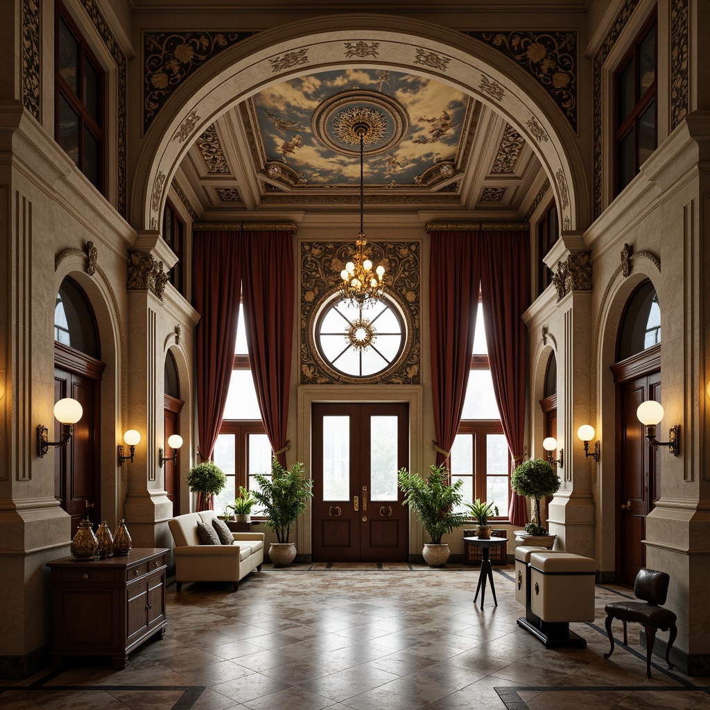 Prompt: Grandiose dental clinic facade, ornate stone carvings, classical arches, symmetrical columns, rustic wooden doors, elegant chandeliers, rich velvet drapes, intricate fresco ceilings, marble flooring, luxurious furnishings, vintage medical equipment, ornamental mirrors, subtle warm lighting, shallow depth of field, 1/2 composition, realistic textures, ambient occlusion.