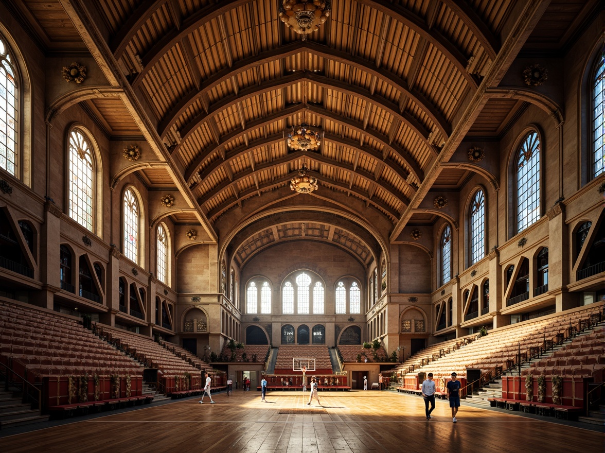 Prompt: Grand Gothic stadium, majestic vaulted ceiling, ribbed arches, flying buttresses, intricate stone carvings, vibrant stained glass windows, ornate metalwork, regal atmosphere, modern athletic facilities, sleek sports equipment, polished wooden floors, dynamic lighting systems, dramatic shadows, warm golden tones, high contrast ratio, 1/1 composition, symmetrical framing, realistic textures, ambient occlusion.