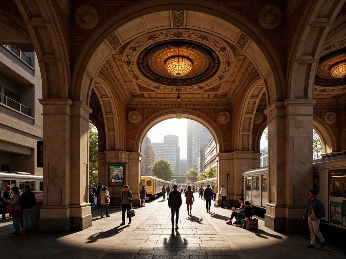 Prompt: Ancient Roman-inspired metro station, grand archways, ornate columns, intricate stone carvings, vaulted ceilings, rustic brick walls, warm golden lighting, dramatic shadows, busy urban atmosphere, modern transportation hub, sleek trains, futuristic advertisements, bustling pedestrian traffic, dynamic city life, shallow depth of field, 1/1 composition, realistic textures, ambient occlusion.