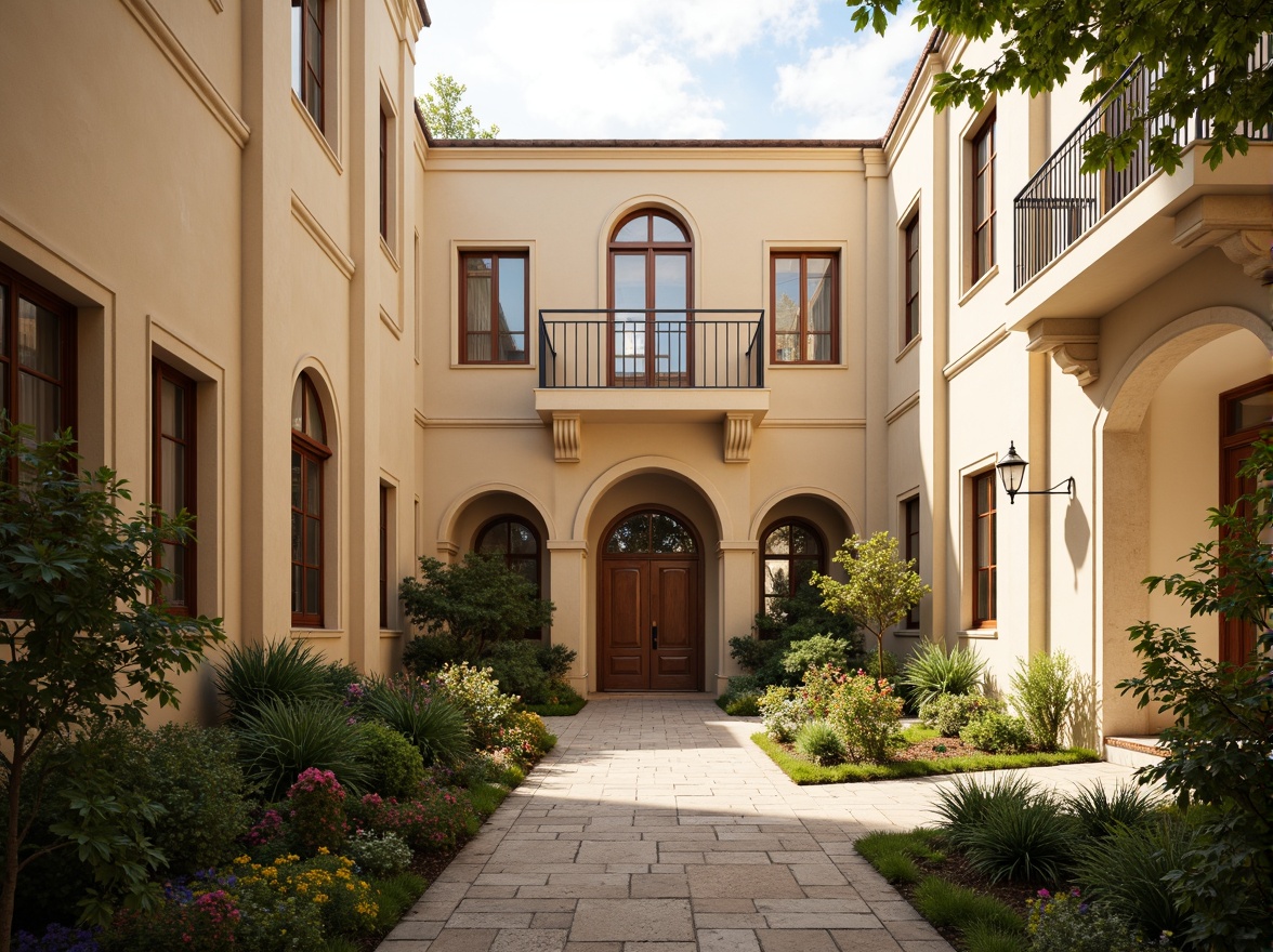 Prompt: Warm beige facades, soft cream-colored walls, elegant classical columns, ornate balconies, subtle terracotta accents, lush green courtyards, vibrant flowerbeds, rustic stone pathways, grand entrance archways, intricate moldings, refined wooden doorframes, ornamental metalwork, warm golden lighting, shallow depth of field, 2/3 composition, serene atmosphere, realistic textures, ambient occlusion.