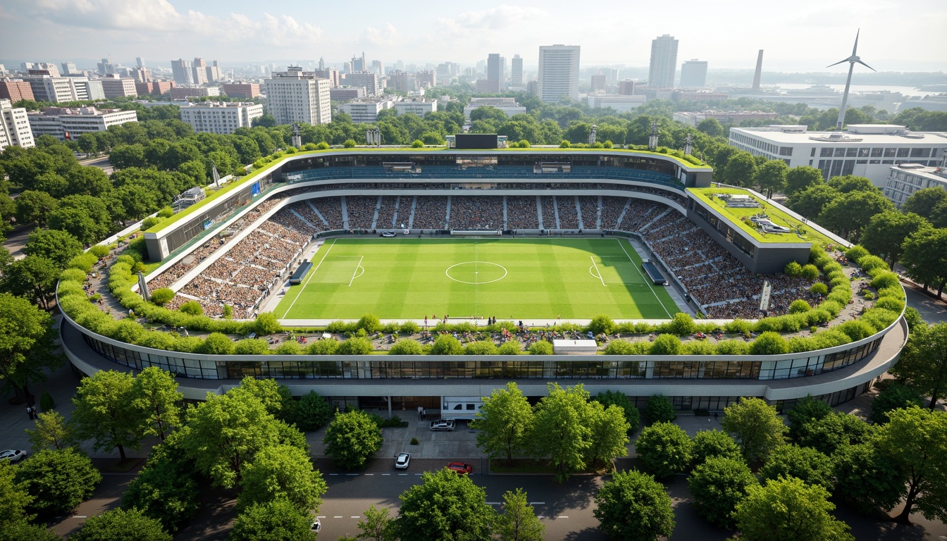 Prompt: Eco-friendly stadium, lush green roofs, solar panels, wind turbines, rainwater harvesting systems, recycled materials, low-carbon concrete structures, natural ventilation systems, energy-efficient LED lighting, organic waste management, composting facilities, green walls, living fa\u00e7ades, biodiversity conservation areas, native plant species, minimized water consumption, gray water reuse systems, optimized building orientation, passive solar design, clerestory windows, daylight harvesting, reduced urban heat island effect, 3/4 composition, panoramic view, realistic textures, ambient occlusion.