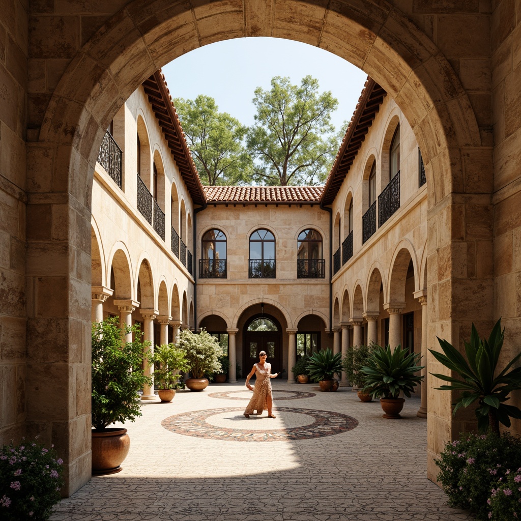 Prompt: Earth-toned stone walls, ornate archways, rusticated columns, warm beige stucco, rich terracotta roofs, intricate mosaic flooring, stained glass windows, ornamental ironwork, weathered copper accents, lush green courtyards, ancient tree canopies, soft natural lighting, shallow depth of field, 2/3 composition, symmetrical framing, realistic textures, ambient occlusion.