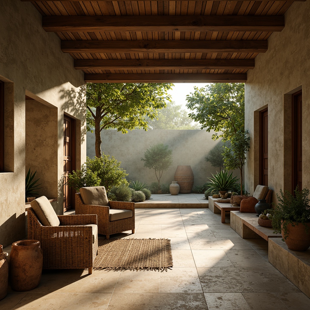 Prompt: Earthy olive tones, natural stone walls, rustic wooden accents, woven wicker furniture, earthy terracotta pottery, lush greenery, misty morning light, soft warm shadows, 3/4 composition, shallow depth of field, realistic textures, ambient occlusion.