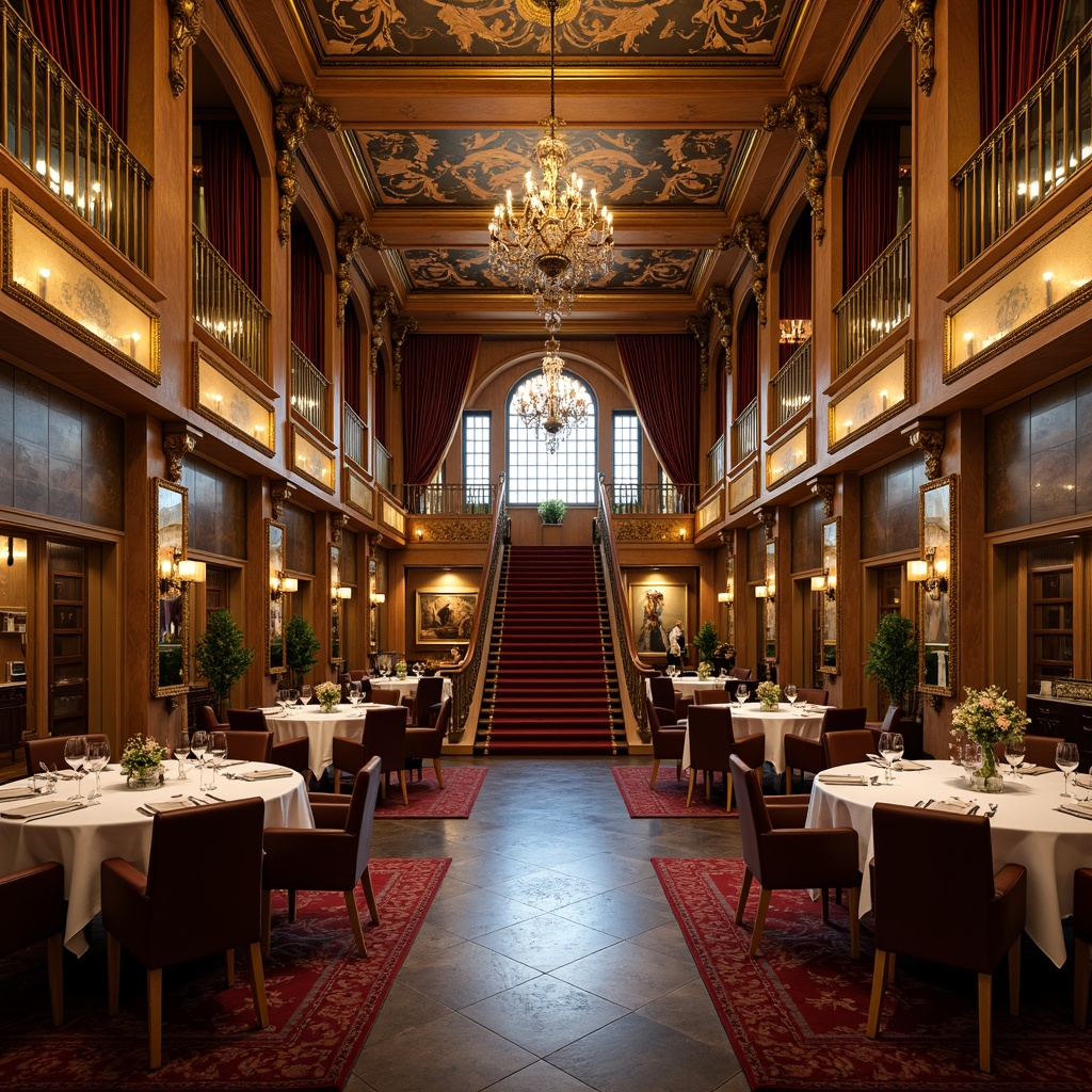 Prompt: Luxurious dining hall, opulent chandeliers, intricately carved wooden panels, gilded mirrors, ornate frescoes, grand staircase, velvet drapes, crystal glassware, golden accents, rich tapestries, lavish furnishings, dramatic archways, high ceilings, warm candlelight, 3/4 composition, shallow depth of field, realistic textures, ambient occlusion.