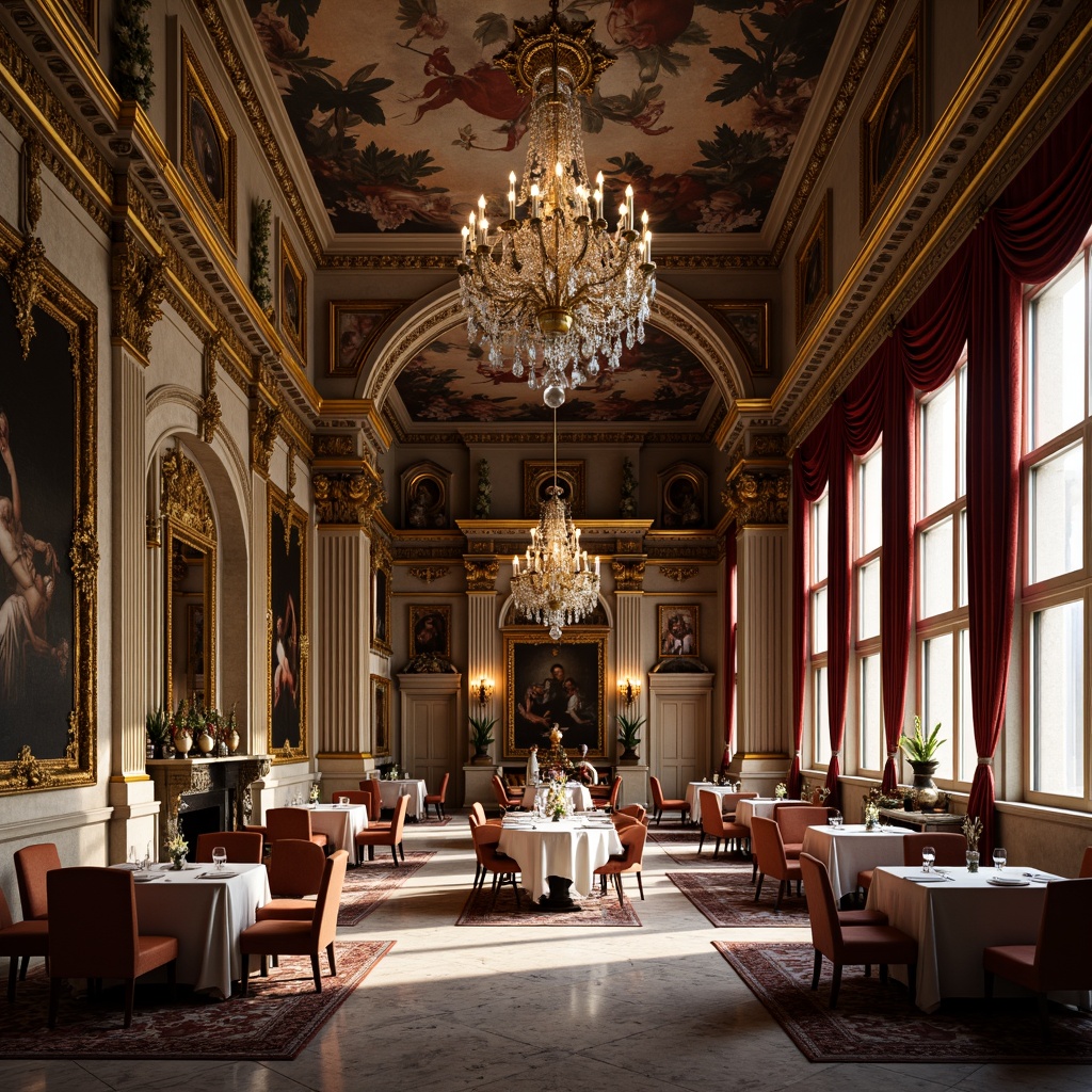 Prompt: Ornate Baroque dining hall, high vaulted ceilings, intricate moldings, gilded details, crystal chandeliers, rich velvet drapes, luxurious furnishings, marble floors, ornamental mirrors, fresco paintings, golden accents, soft warm lighting, dramatic shadows, 3/4 composition, symmetrical arrangement, realistic textures, ambient occlusion.