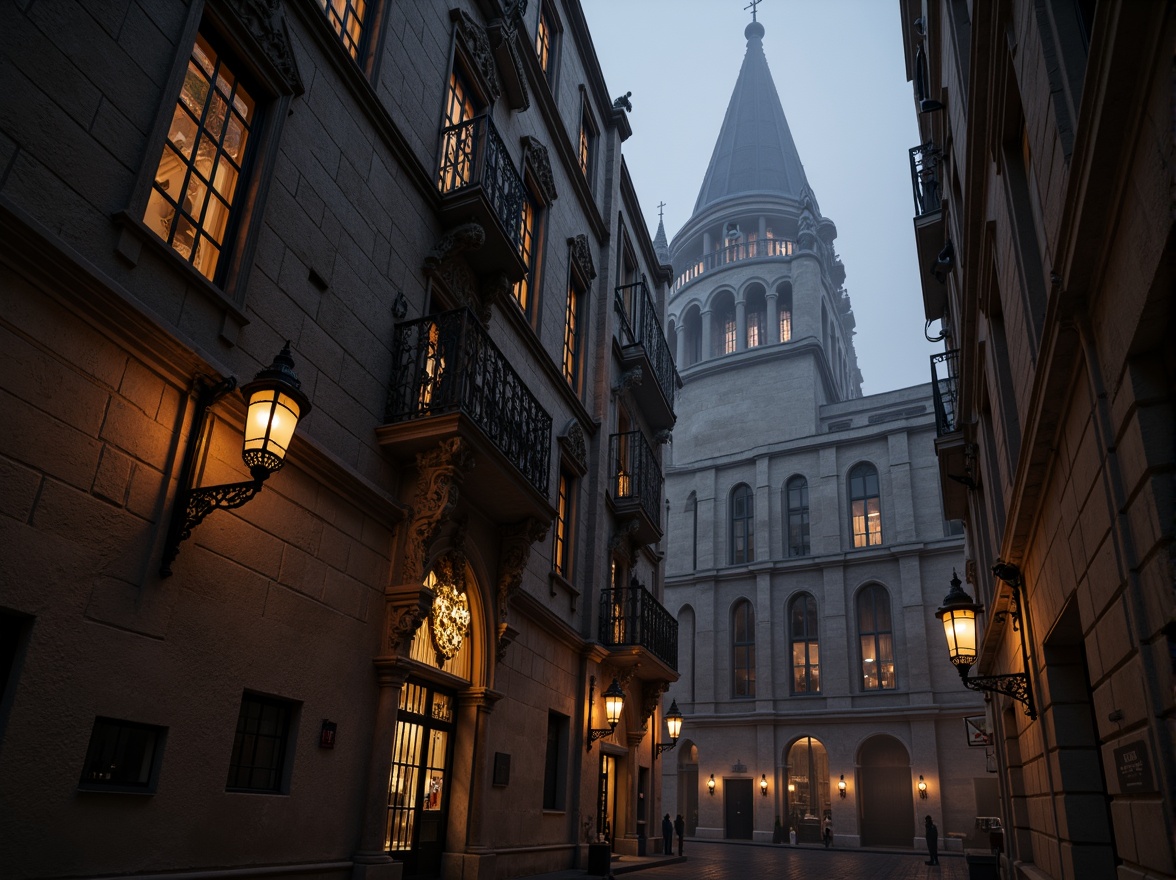 Prompt: Intricate stone carvings, ornate gargoyles, grandiose cathedral-inspired buildings, ribbed vaults, pointed arches, flying buttresses, stained glass windows, mystical lanterns, eerie nighttime ambiance, misty foggy atmosphere, dramatic warm lighting, cinematic shallow depth of field, 1/2 composition, symmetrical framing, richly textured stonework, mysterious ambient occlusion.