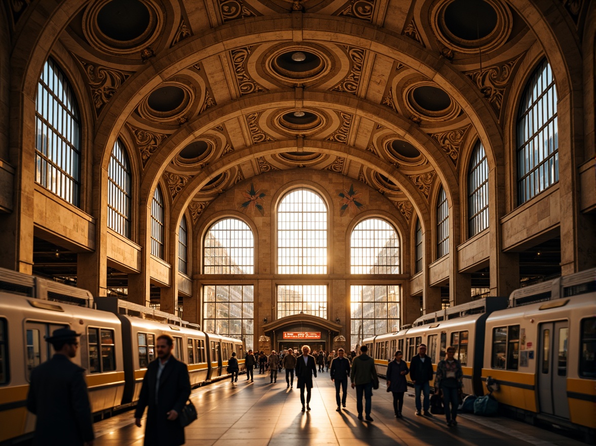 Prompt: Grandiose metro station, Romanesque archways, intricately carved stonework, vaulted ceilings, ornate details, warm golden lighting, bustling atmosphere, modern transportation hubs, sleek trains, urban landscapes, vibrant city life, morning rush hour, dynamic crowd scenes, shallow depth of field, 1/2 composition, symmetrical framing, realistic textures, ambient occlusion.