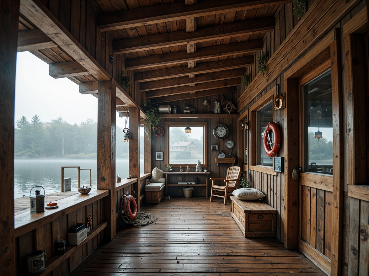 Prompt: Rustic wooden boathouse, vintage nautical decor, distressed finishes, weathered wood textures, ornate metal fixtures, intricate rope details, classic lanterns, fishing nets, life rings, porthole windows, wooden docks, tranquil lake surroundings, misty morning atmosphere, soft warm lighting, shallow depth of field, 1/2 composition, realistic reflections, ambient occlusion.