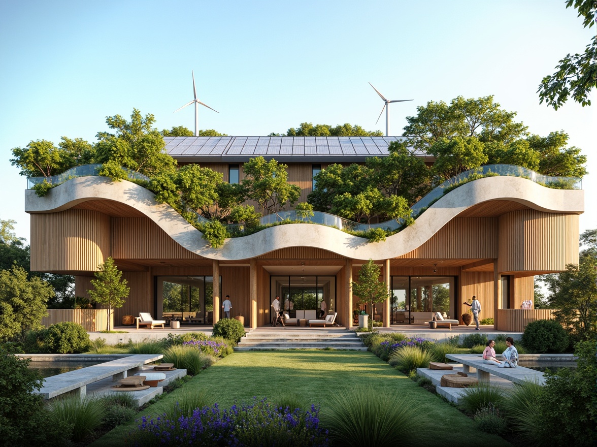 Prompt: Curved aerodynamic facade, natural stone cladding, green roof system, lush vegetation, solar panels, wind turbines, organic shapes, flowing lines, minimalist design, sustainable materials, large windows, transparent glass surfaces, warm natural lighting, airy open spaces, vibrant colorful accents, intricate wooden textures, ambient occlusion, shallow depth of field, 3/4 composition, panoramic view, realistic rendering.Please let me know if this meets your requirements.