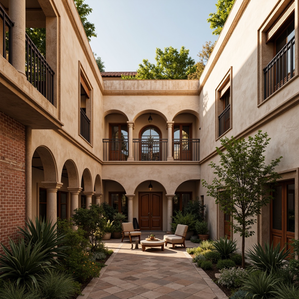 Prompt: Warm beige facade, soft creamy accents, rich terracotta roofs, elegant columns, ornate moldings, vintage metal railings, lush greenery balconies, cozy courtyard spaces, earthy tone brick walls, classic archways, subtle stone carvings, warm golden lighting, shallow depth of field, 2/3 composition, realistic textures, ambient occlusion.