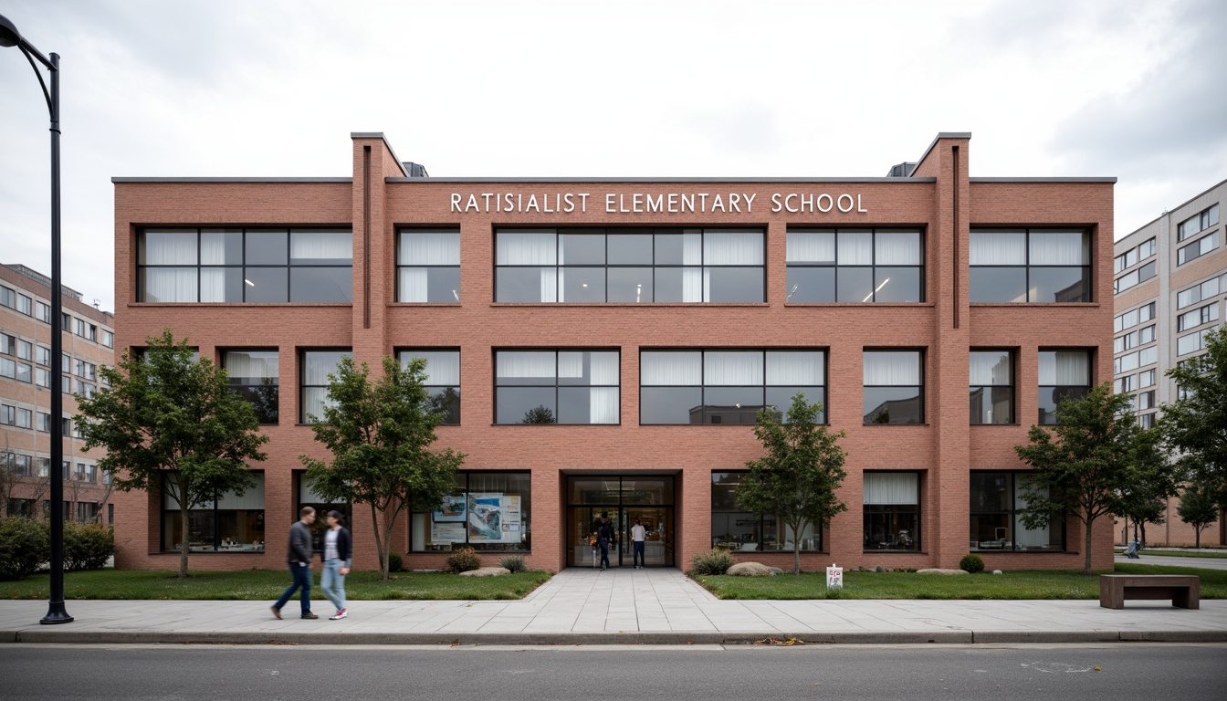 Prompt: Rationalist elementary school facade, asymmetrical composition, rectangular forms, primary color accents, industrial materials, exposed brick walls, steel windows, minimalist decorations, functional architecture, emphasis on simplicity, clean lines, geometric shapes, urban surroundings, modern cityscape, cloudy sky, soft natural light, shallow depth of field, 2/3 composition, realistic textures, ambient occlusion.