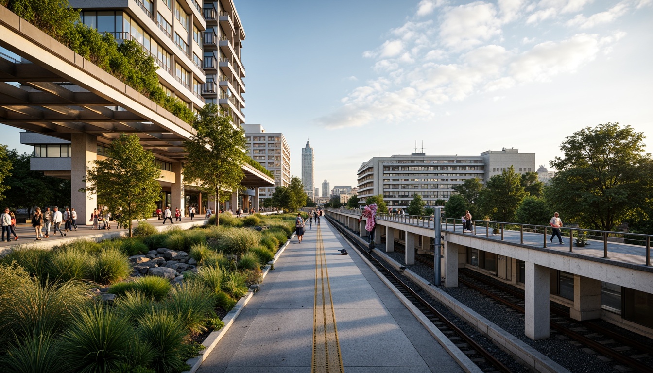 Prompt: Modern train station, green roofs, living walls, natural ventilation, abundant sunlight, lush vegetation, urban landscape integration, elevated platforms, sleek metal canopies, large glass windows, panoramic views, realistic textures, ambient occlusion, shallow depth of field, 3/4 composition, warm soft lighting, bustling cityscape, vibrant street art, eclectic urban furniture, pedestrian-friendly pathways, accessible ramps, eco-friendly materials, sustainable design principles.