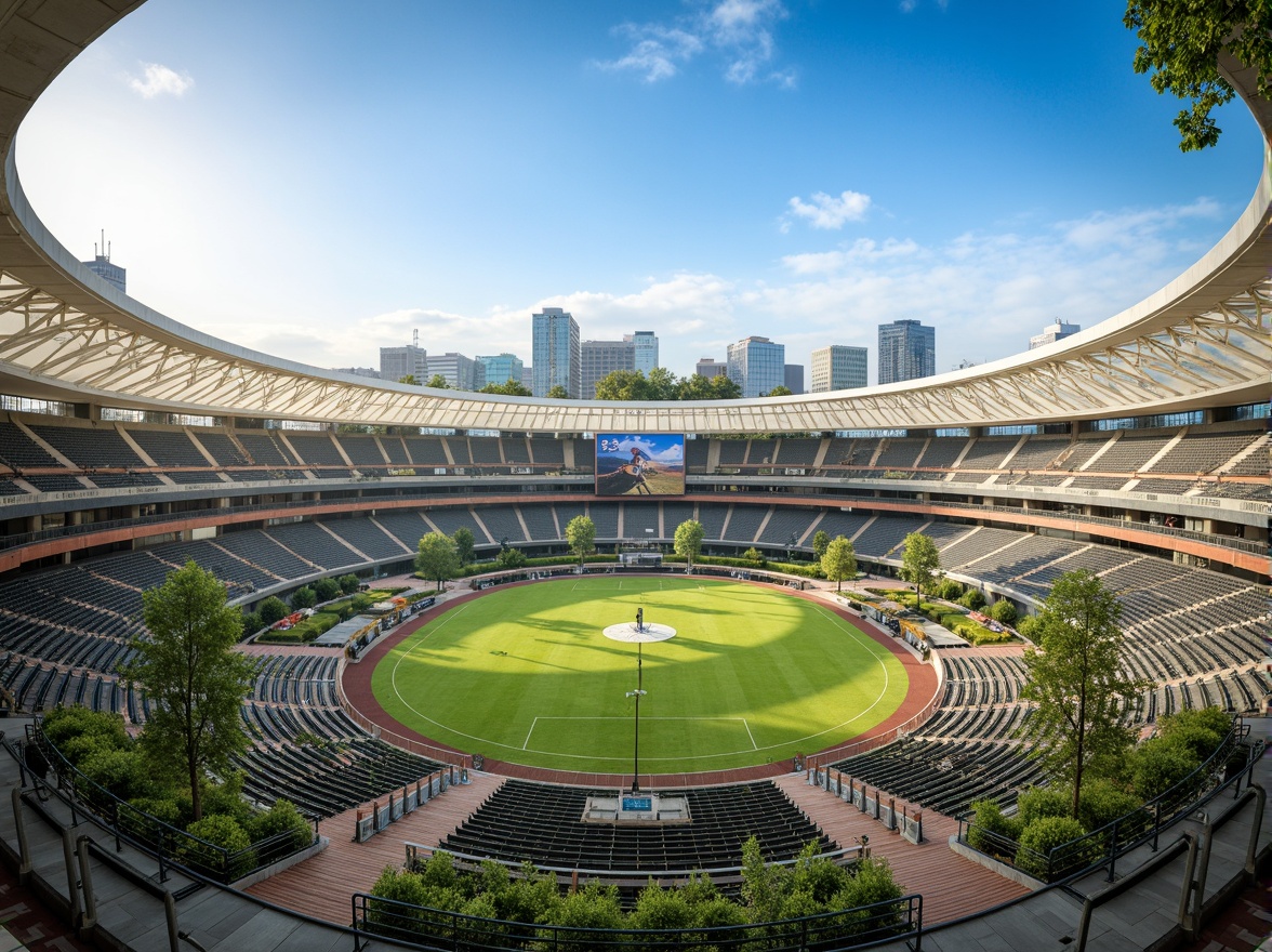 Prompt: Large sports stadium, open-air seating, natural ventilation systems, wind catchers, clerestory windows, solar chimneys, evaporative cooling, radiant barriers, thermal mass walls, green roofs, living walls, vertical gardens, urban landscape, clear blue sky, sunny day, soft warm lighting, shallow depth of field, 3/4 composition, panoramic view, realistic textures, ambient occlusion.Let me know if you need any adjustments!